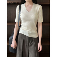 拉夏貝爾（La Chapelle）2025夏季新款薄款正肩針織衫女法式短袖T恤清純系夏日穿搭上衣 杏色 均碼 -90-125斤
