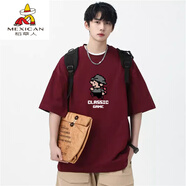 稻草人（MEXICAN）純棉夏季重磅男士級(jí)瑪麗印花短袖t恤寬松百搭半袖復(fù)古潮牌 (瑪麗)酒紅色 M (適合85-105斤)