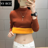 NY-RCE半高領(lǐng)加絨毛衣打底衫女新款秋冬女士加厚保暖修身內(nèi)搭針織衫 焦糖色(純色袖) 加絨 L
