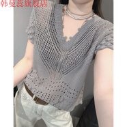 韓曼蕊鏤空微透V領冰絲針織衫短袖女夏天新款氣質寬松疊穿罩衫外穿上衣 灰色 XL