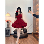 多閔露背百褶無(wú)袖背心連衣裙女夏大碼女裝微胖MM吊帶連衣裙女夏季甜辣 酒紅色短裙6366# 2XL 碼 （建議140160e