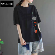 NY-RCE短袖T恤女寬松2025新款夏季大碼時(shí)尚半袖印花韓版休閑打底上衣潮 黑色 XL 120-135斤