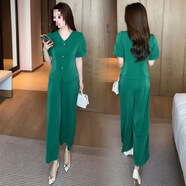 新中式時(shí)尚冰絲套裝女2025夏季新款洋氣顯瘦減齡短袖闊腿褲兩件套 孔雀綠色-【套裝】 XL 建議115-130斤
