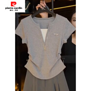 皮爾卡丹（pierre cardin）廣州十三行高貨灰色修身拼接假兩件V領(lǐng)短袖T恤女夏時(shí)尚拉鏈上衣 灰色【拼接假兩件V領(lǐng)短袖T恤】 M (建議90-105斤)