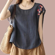 苜戈寬松棉麻無(wú)袖上衣女士2025新款夏季中年媽媽薄款大碼背心T恤 藏青色 XL 建議115-130斤