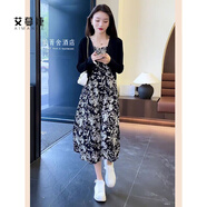艾蔓婕?xì)赓|(zhì)女神范碎花連衣裙子輕熟赫本風(fēng)薄款開衫吊帶裙兩件套裝女夏裝 黑色開衫+碎花連衣裙 M 建議（95-105斤）