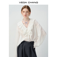 VEGA CHANG白色襯衫女2025秋季新款設(shè)計(jì)感法式V領(lǐng)荷葉邊長(zhǎng)袖上衣 繡鈴白(襯衫) S