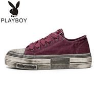 花花公子（PLAYBOY PHYSICAL）時尚男士復古做舊臟臟鞋男秋夏季厚底增高帆布鞋擦色運動休閑板鞋 酒紅 42 收藏聯(lián)系客服送襪子