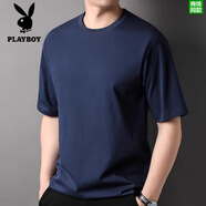 花花公子（PLAYBOY）高檔短袖t恤男士夏季寬松落肩半袖上衣潮流重磅純棉圓領(lǐng)體恤衫 藏青 M 165/80A