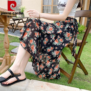 皮爾卡丹系帶魚(yú)尾長(cháng)裙民族風(fēng)泰國旅游裹裙高腰荷葉邊碎花雪紡一片式半身裙 黑底紅牡丹 均碼