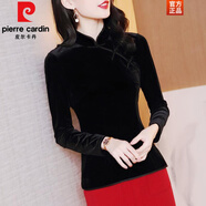 皮爾卡丹（pierre cardin）春秋新款復(fù)古文藝斜襟盤扣中式金絲絨襯衫女設(shè)計感小眾打底衫上衣 黑色加絨 S