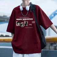虎躍酷短袖t恤男款2025新款夏季重磅純棉寬松半袖衣服美式潮流體恤上衣 酒紅色 3XL （155斤-170斤）