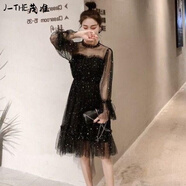 J-the裙子女學(xué)生韓版寬松春夏小個子網(wǎng)紗系帶連衣裙亮片超仙甜美仙女裙 黑色 XL 120-130斤