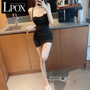 LPOX純欲性感女人味顯胸顯身材心機(jī)洋氣連衣裙收臀吊帶裙褶皺短裙 黑色EEE[鹽系炸街] M _建議95-108斤