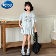 迪士尼（Disney）女童時(shí)尚套裝夏裝2025新款兒童洋氣短袖體恤短百褶裙中大童兩件套 藍(lán)色【休閑套裝】 130 cm