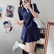 Baldauren12大童女裝夏新款套裝裙15歲初高中學(xué)生17少女休閑運動(dòng)短袖jk短裙 藍色（POLO衫+褲裙）【套裝】 薄款 160 (M)建議體重85-100斤