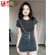 莜仙格高腰牛仔背帶短褲女2025夏季新款小眾復(fù)古減齡修身顯瘦百搭熱褲子 深藍(lán)色 L 建議 105-115斤