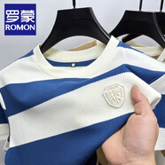 羅蒙（ROMON）刺繡商務(wù)休閑短袖t恤男士高端潮流條紋Polo體恤衫輕薄圓領(lǐng)上衣服 藍(lán)色 L