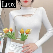 LPOX高領(lǐng)針織打底衫女秋冬2025新款釘鉆鏤空氣質(zhì)女士毛衣修身內搭上衣 尊貴白 [親膚抗起球] L [建議105斤-115斤]
