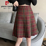皮爾卡丹（pierre cardin）高腰格子毛呢半身裙秋冬大碼學(xué)院風(fēng)A字中裙適合微胖百褶裙短裙冬 暗紅格 XL