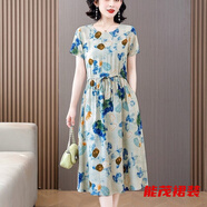 萱眸棉綢連衣裙外穿中長(cháng)款收腰媽媽夏裝人造綿裙子女棉綢裙有口袋 26號色 XL