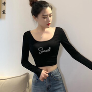 咚憬大領(lǐng)口春夏打底衫女長(cháng)袖高腰短款U領(lǐng)t恤秋冬內搭低領(lǐng)緊身露臍上衣 黑色圓鄰【Swwer】 2XL