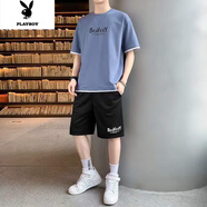 花花公子2022新款短袖短褲搭配套裝男夏季潮牌半袖T恤男生休閑運動2兩件套 海藍套裝 XL
