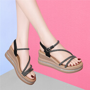 古奇天倫露趾淑女風(fēng)配裙子涼鞋2025夏季新款氣質(zhì)時(shí)裝女鞋增高一字帶涼鞋 黑色 36