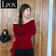 LPOX新年本命年紅色毛衣露肩韓版上衣針織衫女秋冬裝修身長袖洋氣 紅色[大牌品質(zhì) 66+] M 建議95-105斤