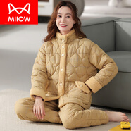 貓人（MiiOW）睡衣女士冬天三層加厚純棉夾棉棉襖秋冬季冬款家居服保暖全棉套裝 8824麥黃-三層加厚夾棉-外純棉- XL 170(： 體重120-140斤)