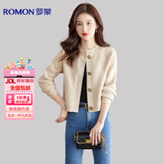 羅蒙（ROMON）高檔羊毛衫女秋冬新款羊毛針織開(kāi)衫女高腰短款圓領(lǐng)純羊毛毛衣外套 米色 3XL