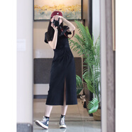 現貨25新款法式氣質(zhì)褶皺開(kāi)叉t恤連衣裙大碼顯瘦百搭長(cháng)裙包臀裙女 黑色長(cháng)裙 褶皺開(kāi)叉 現貨 M