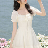 皮爾卡丹民族風(fēng)新款法式泡泡方領(lǐng)裙子甜美收腰顯瘦連衣裙夏季小個(gè)子天清新 米白色 L