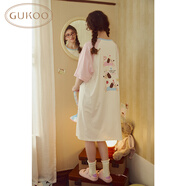 果殼（Gukoo）睡裙女春夏新款卡寬松插肩袖圓領(lǐng)純棉女士家居服睡裙 奶白   XS