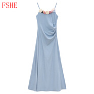FSHE2025款夏季海邊度假絕美花朵吊帶連衣裙女顯瘦收腰法式氣質(zhì)長(cháng)裙子 藍色 L