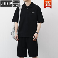JEEP SPIRIT短袖t恤男士POLO夏季休閑運動套裝寬松翻領提花簡約帥氣上衣服 黑色9523（一套） M