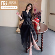 莫代爾2025新款赫本風(fēng)連衣裙女夏季2025新款法式拼接收腰顯瘦蕾絲邊V領(lǐng) 黑色旗艦款 XL 115-130