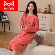 貓人（MiiOW）睡裙女春秋純棉長袖新款全棉連體睡衣寬松家居服連衣裙 西瓜紅 TY 7209 L 【建議100-120斤】