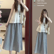 蝶嬌諾（DIEJIAONUO）連衣裙子女裝夏季2025年新款韓版顯瘦茶系弛感舒適簡約穿搭女套裝 3269上衣+裙子 S