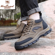 西域駱駝（VANCAMEL）登山鞋男牛皮戶(hù)外休閑棉鞋高幫防水防滑耐磨休閑百搭透氣 卡其單里 41 清倉工廠(chǎng)直銷(xiāo)