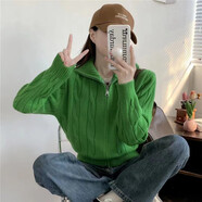 FHHUABD韓系復(fù)古高領(lǐng)麻花毛衣開衫外套女秋冬設(shè)計(jì)感雙拉鏈短款針織上衣厚 綠色 XL  建議115-125斤
