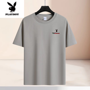 花花公子（PLAYBOY）高檔2025夏季純棉短袖t恤男裝青年圓領(lǐng)款寬松潮流半袖體恤衫新品 高級(jí)灰 PLAYBOY-紅綠條小花 4XL 建議175-190斤