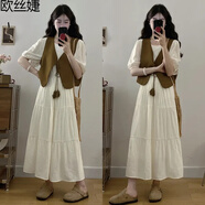 歐絲婕（OUSIJIE）大碼女裝胖MM法式絕美連衣裙女夏季新款文藝復(fù)古馬甲兩件套裝女 白色 XL 【120-140斤】