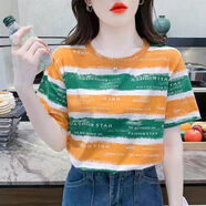 登森奧奧短袖t恤女2025夏季新款條紋印花寬松顯瘦半袖圓領(lǐng)上衣打底衫 黃綠條紋 2XL 建議130-155斤