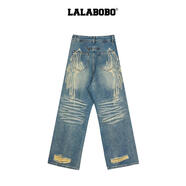 拉拉波波（LALABOBO）LALABOBO牛仔褲女復(fù)古褲子 深藍(lán)白 26