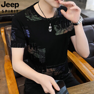 JEEP SPIRIT吉普冰絲速干男士v領(lǐng)短袖t恤夏季薄款修身痞帥半袖印花體恤 8002黑色 M