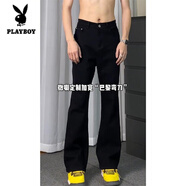 花花公子（PLAYBOY）cleanfit彎刀牛仔褲男款夏季修身美式ootd褲子高街vibe直筒微喇褲 黑色【升級款-顯高顯瘦】萬(wàn)人選 S 建議85-100斤