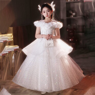 安妮優(yōu)兒兒童禮服輕奢高端女童主持人生日公主裙花童鋼琴演出服 白色  130