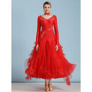 未萱摩登舞連衣裙國標舞比賽裙裙演出服舞裙比賽鑲鉆摩登裙 紅色 S 均碼