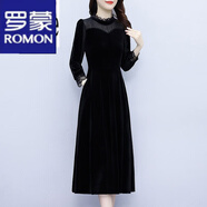 羅蒙（ROMON）輕奢女裝真i絲絨長袖連衣裙女早春裝2024新款氣質(zhì)高貴媽i媽裙子女 黑色 2XL